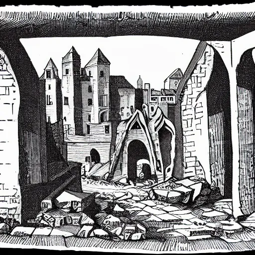 Image similar to medieval town, street, ruin, destruction, engraving, old book