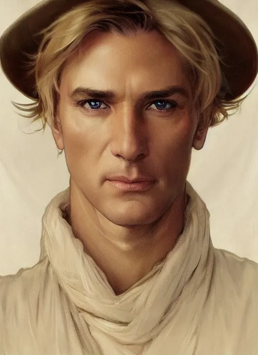 Prompt: a man aged 4 0 with tousled blonde hair and hazel eyes and a friendly expression. he is handsome, clean shaven and wearing a grey cloak. head and shoulders portrait painting by artgerm and greg rutkowski and alphonse mucha.