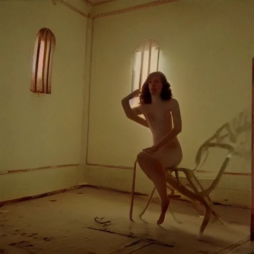 Image similar to a beautiful shiny girl in an soviet golden liminal abandoned room, film still by wes anderson, depicted by balthus, limited color palette, very intricate, art nouveau, highly detailed, lights by hopper, soft pastel colors