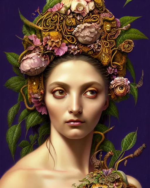 Prompt: portrait of the goddess of growth and decay, unusual beauty, flowers and plants, emotionally evoking symbolic metaphors, head in focus, fantasy, ornamental, intricate, elegant, sensual, highly detailed digital painting, artstation, concept art, painterly, golden ratio, sharp focus, illustration, art by John William Godward and Boris Vallejo and Zdzisław Beksiński,
