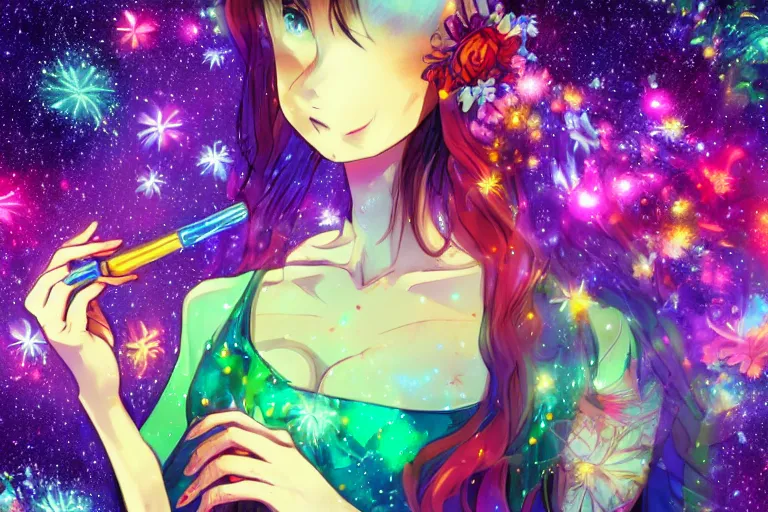 Image similar to psychedelic, full body picture, whimsical, anime, 4k, beautiful lusty woman smoking a bong, with professional makeup, long trippy hair, a crystal and flower dress, sitting in a reflective pool, surrounded by gems, underneath the stars, rainbow fireflies, trending on patreon, deviantart, twitter, artstation, volumetric lighting, heavy contrast, art style of Ross Tran and Miho Hirano and Ilya Kuvshinov