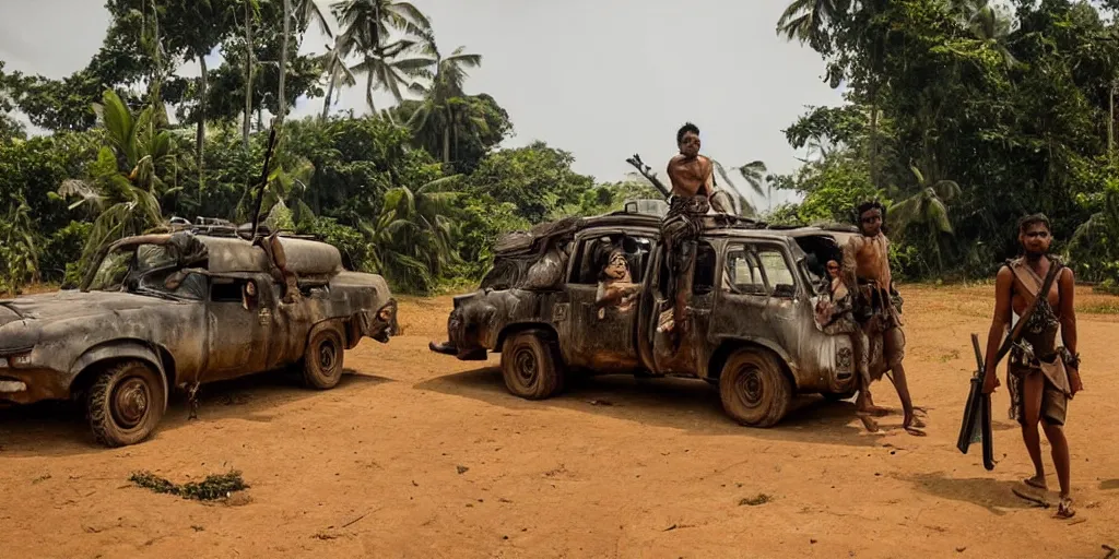 Image similar to sri lankan mad max style, jungle, film still, epic shot cinematography, rule of thirds