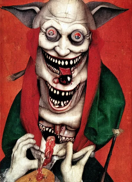 Prompt: a horrifying Joker laughing maniacally by Hieronymus Bosch, blood streaming down from his eyes, bloodshot