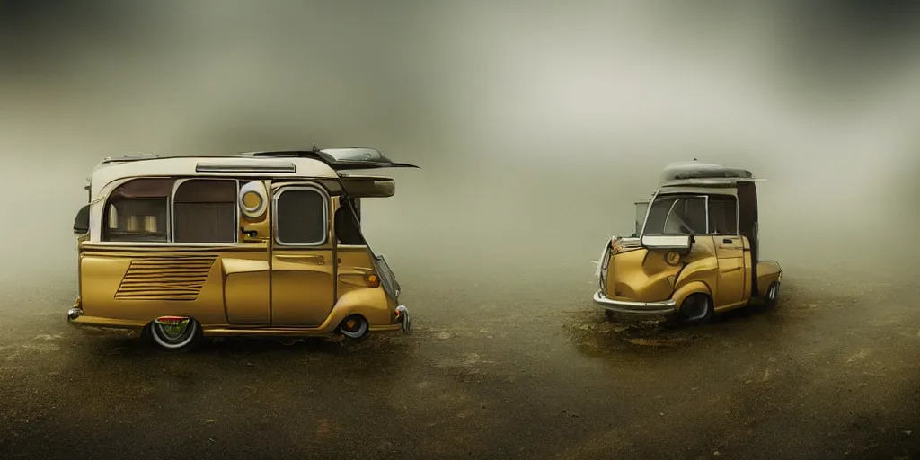 Image similar to parked retro futuristic vintage polished motorhome, fog, rain, volumetric lighting, beautiful, golden hour, sharp focus, highly detailed, cgsociety