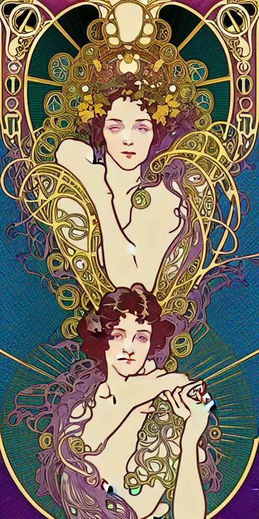 Image similar to the source of future growth dramatic, elaborate emotive Art Nouveau styles to emphasise beauty as a transcendental, seamless pattern, symmetrical, large motifs,Alphonse Mucha, 8k image, supersharp, metallic reflective surfaces, glittery iridescent black and rainbow colors with gold accents, perfect symmetry, pearlescent, High Definition, sci-fi, Octane render in Maya and Houdini, light, shadows, reflections, photorealistic, masterpiece, smooth gradients, high contrast, 3D, no blur, sharp focus, photorealistic, insanely detailed and intricate, cinematic lighting, Octane render, epic scene, 8K