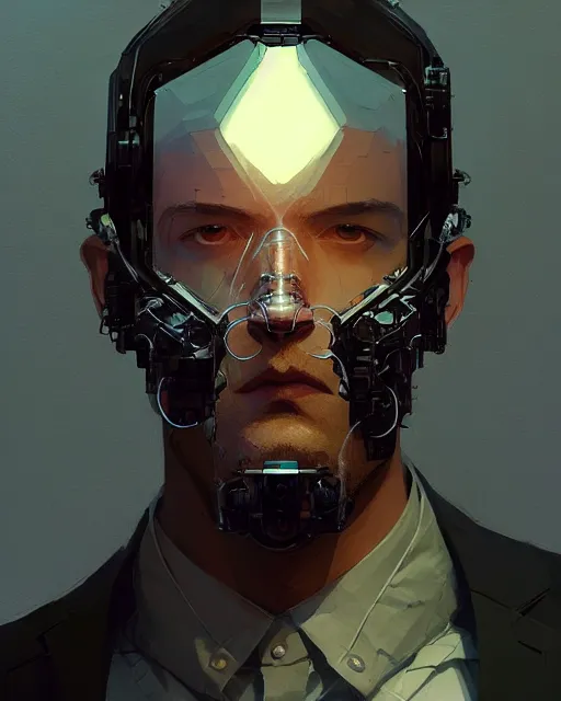 Prompt: a handsome man, sci - fi, mechanical parts, rugged, masculine, sharp jaw, digital painting by ilya kuvshinov, greg rutkowski, wlop, james jean, victo ngai, beautifully lit, muted colors, highly detailed, fractal glass, intricate wires, dynamic pose, artstation, fantasy art by craig mullins and thomas kinkade