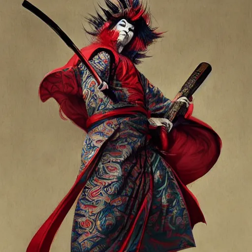 Image similar to an epic portrait of insane kabuki male wielding a spear covered in a distorting aura, intricate hakama, poofy red wig, eerie, highly detailed, dark fantasy, art by artgerm and greg rutkowski