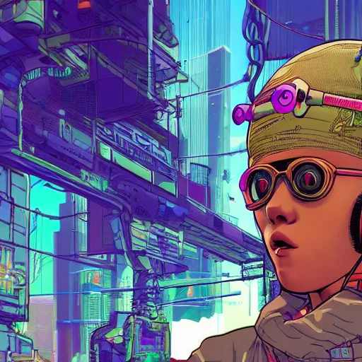 Image similar to ps2 screenshot of young cyberpunk explorer wearing futuristic headpiece, in the style of by Josan Gonzalez and Geof Darrow, highly detailed, high quality, HD, 4k, 8k, realistic, sharp, trending