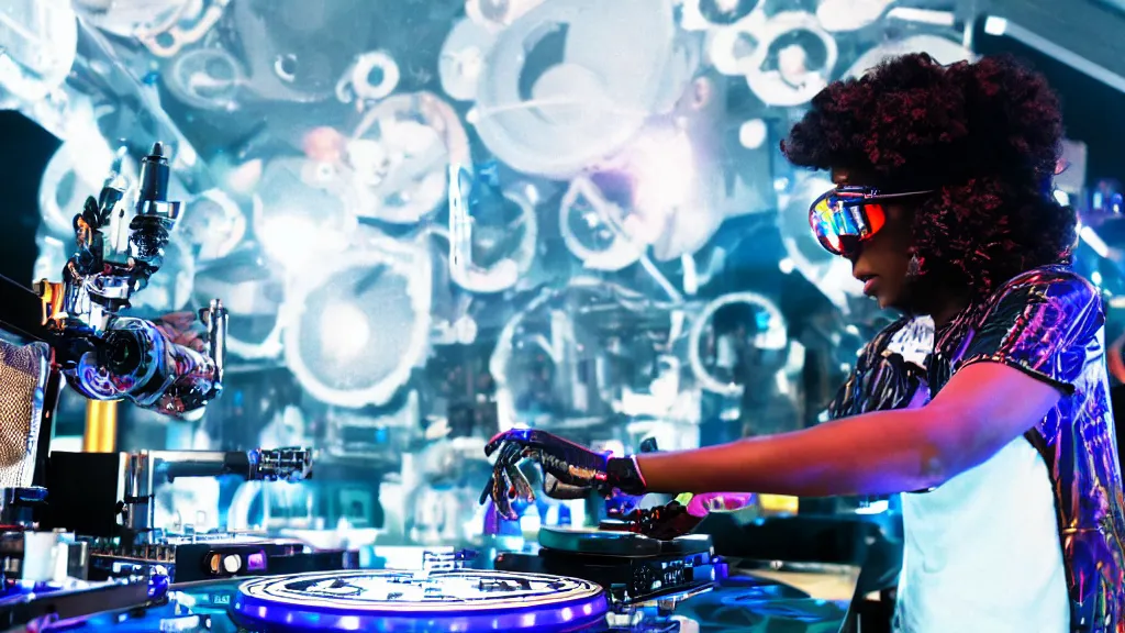 Image similar to a black woman wearing goggles and visor and headphones using an intricate clockwork record player turntable contraption, robot arms, turntablism dj scratching, intricate planetary gears, smoky atmosphere, cinematic, sharp focus, led light strips, bokeh, iridescent, black light, fog machine, hazy, lasers, spotlights, motion blur, color