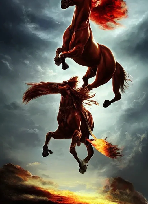 Prompt: the first horseman of the apocalypse riding a strong big red stallion, horse is running, the rider carries a large sword, flames from the ground, artwork by artgerm and rutkowski, breathtaking, dramatic, full view