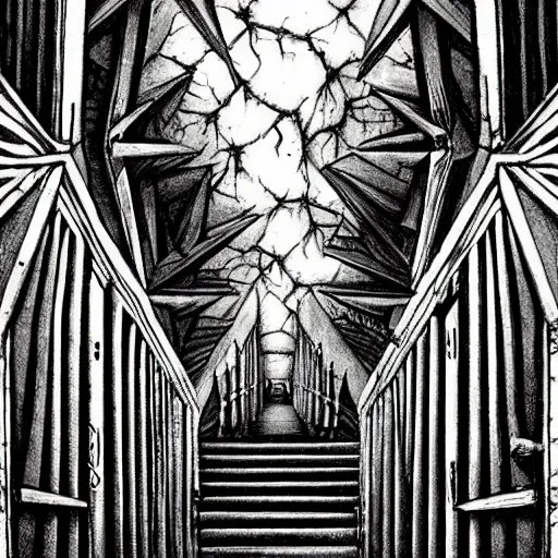 Image similar to a terrifying dark hallway with many doors and many stairs, impending doom, horror, Mc Escher architecture, epic composition, anime key visual