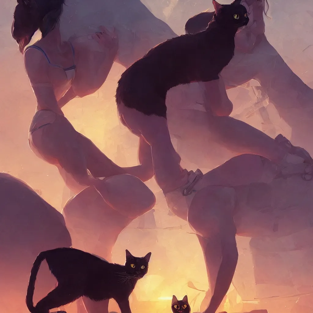 Prompt: Close-up of Cleopatra petting a black cat, sunrise light, pyramids in the background, art by Guweiz, incredible quality, trending on artstation