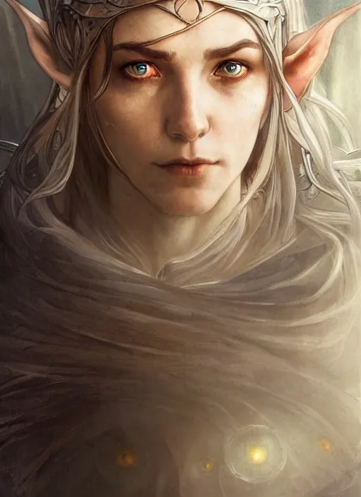 Image similar to Portrait of a beautiful female elven warrior, white glowing eyes, lord of the rings, cloak, female, fantasy, extremely detailed, digital painting, artstation, concept art, smooth, sharp focus, illustration, stunning lighting, art by artgerm and greg rutkowski and alphonse mucha and simon stalenhag, realistic character concept, high fantasy, light atmosphere, golden ratio, cinematic lighting, hyperdetailed, high resolution, insanely detailed and intricate, artstation, Marc Simonetti, Greg Rutkowski, 8k