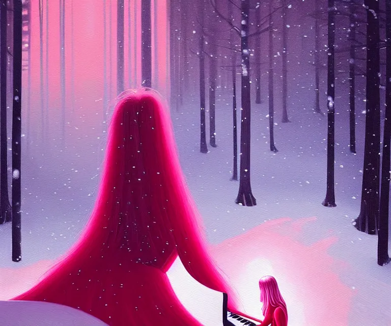 Image similar to a painting of a beautiful face gothic girl, pink hair in a stunning red dress playing a piano in the dark snowy forestby randolph stanley hewton and alena aenami, cg society contest winner, retrofuturism, matte painting