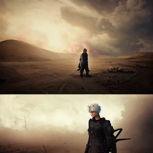 Prompt: Stunning Hyperealistic scene of cloud Strife in a abandoned wasteland, sandstorm by Beeple Andrei Riabovitchev Jake Souva Nicola Samori James Gilleard Ishbel Myerscough Scott Radke Jean-Baptiste Monge jakub