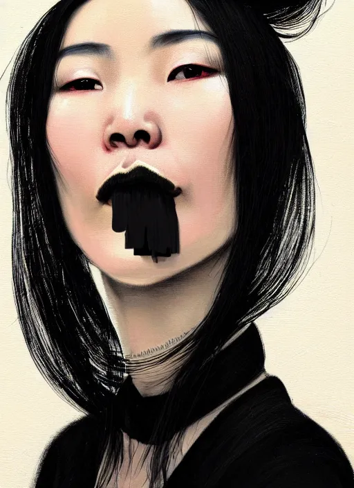 Image similar to portrait of a chinese woman with a crooked nose and a confident expression, 1 9 6 0 s, black clothes, goth, punk, brightly coloured hair, funk, intricate, elegant, highly detailed, digital painting, artstation, concept art, smooth, sharp focus, illustration, art by wlop, mars ravelo and greg rutkowski