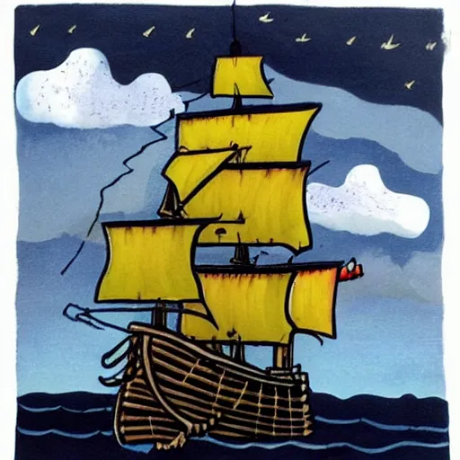 Image similar to a girl is pirate in a ship which is sailing in dark sea sky is dark blue and clouds and thunderstorms coming in far waves are big