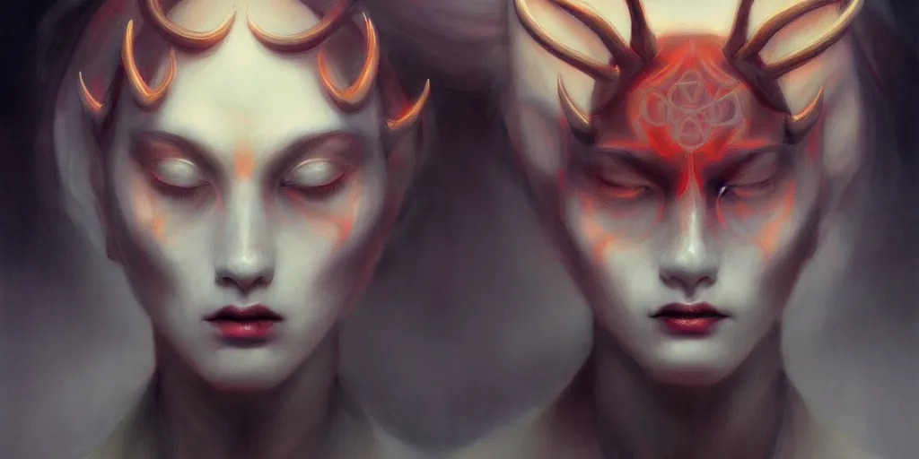 Prompt: breathtaking detailed concept art painting art deco portrait of a satanic demon, by hsiao - ron cheng, bizarre compositions, exquisite detail, extremely moody lighting, 8 k