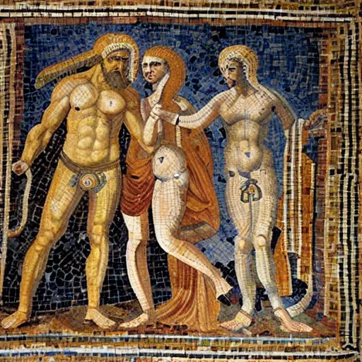 Image similar to a beautiful roman mosaic of adam, eve and the serpent by michaelangelo, rome, 1 0 0 ad