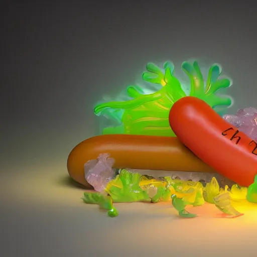 Prompt: a neon translucent transparent plastic hotdog surrounded by bits of fur, popsicles, and exotic tropical plants, chiaroscuro baroque painting, still life, detailed octane render, 8k