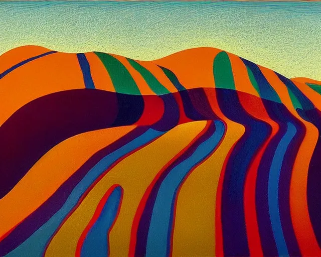 Image similar to A wild, insane, modernist landscape painting. Wild energy patterns rippling in all directions. Curves, organic, zig-zags. Saturated color. Mountains. Clouds. Rushing water. Wayne Thiebaud. David Hockney.