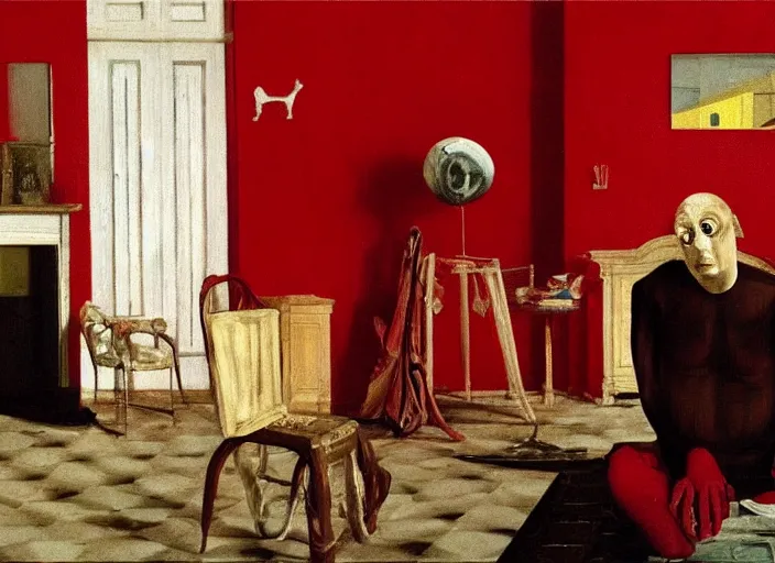 Prompt: a still from home alone by giorgio de chirico, surreal, francis bacon, lucian freud, edward hopper, dark surrealism, grand theft auto video game, a still from the film alien, vibrant red background