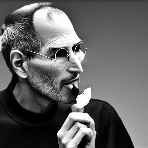 Prompt: steve jobs eating a banana, realistic, 8k, photorealistic face, professional photography, black and white, high contrast,