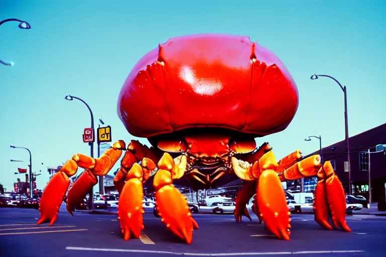 Image similar to 2 0 1 5 cute giant crab terrorizing a city, googie city, americana, fishcore, exterior photography, hd 8 k, photography cinestill