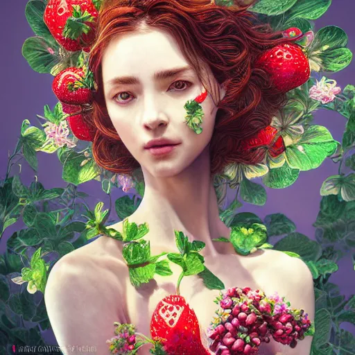 Prompt: the portrait of an absurdly beautiful, graceful, elegant, sophisticated woman made of strawberries and green petals, an ultrafine hyperdetailed illustration by kim jung gi, irakli nadar, proportions, intricate linework, bright colors, octopath traveler, final fantasy, unreal engine 5 highly rendered, global illumination, radiant light, detailed and intricate environment