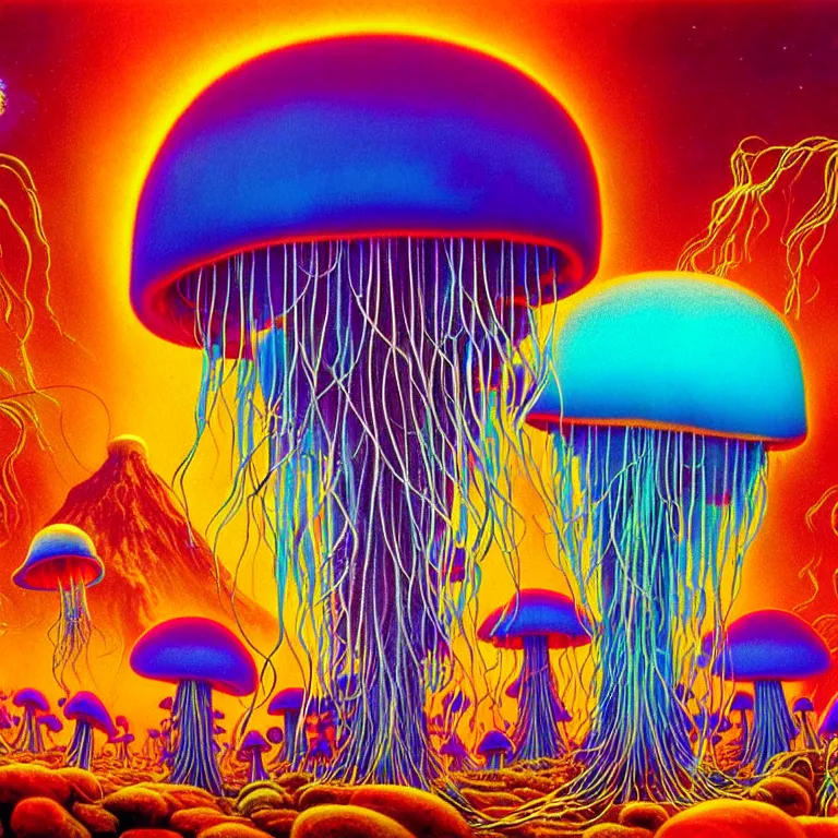 Image similar to mystical jellyfish and shimmering mushroom, volcano valley, bright neon colors, highly detailed, cinematic, tim white, michael whelan, roger dean, bob eggleton, philippe druillet, vladimir kush, kubrick, haeckel, alfred kelsner