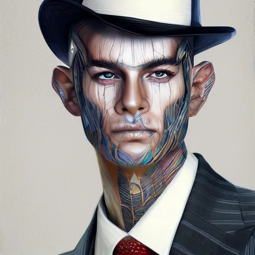 Image similar to a upper body portrait of a deer lord in a pinstriped suit and pants wearing a fedora by artgerm and wlop, intricate detail, digital art, photorealistic, trending on artstation