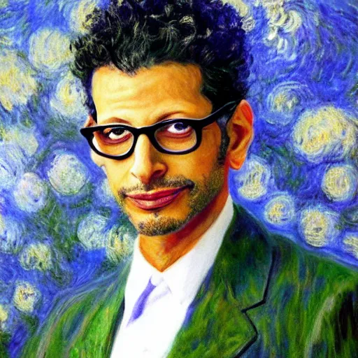 Image similar to Monet painting of a portrait of Jeff Goldblum, highly detailed, realistic,