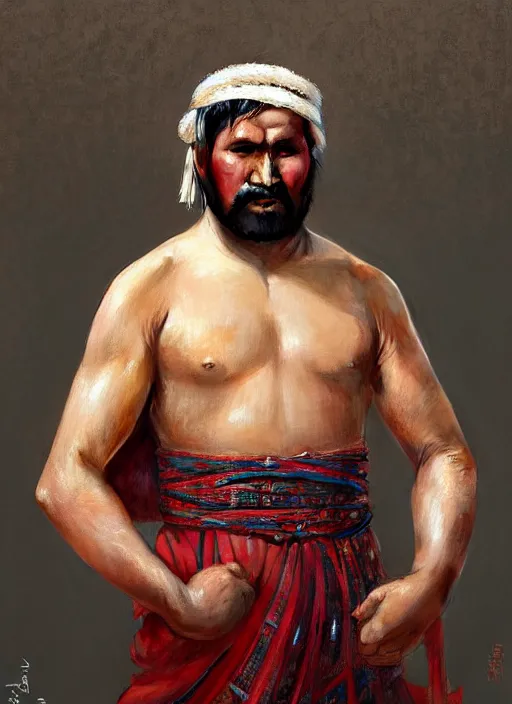 Image similar to a khuresh male wrestler!!!, tuvan national clothes!!, tuva, portrait, intricate, elegant, highly detailed, digital painting, artstation, concept art, wallpaper, smooth, sharp focus, illustration, art by artgerm and greg rutkowski and alphonse mucha