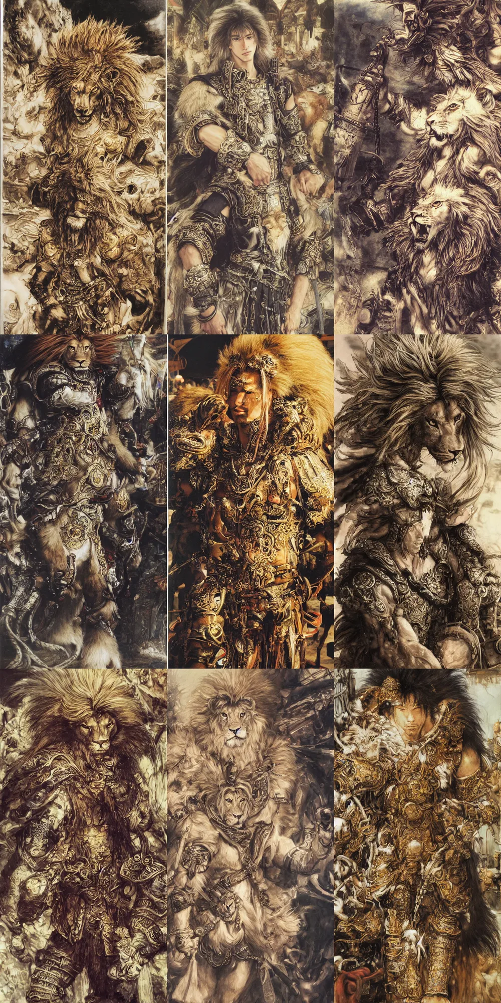 Image similar to 8 k yoshitaka amano painting of upper body of a young cool looking lion beastman with white mane at a medieval market at windy day. depth of field. he is wearing complex fantasy clothing. he has huge paws. renaissance style lighting.