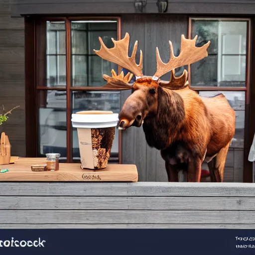 Image similar to a moose with maple leaves on antlers selling coffee at a stand, realistic, 8 k