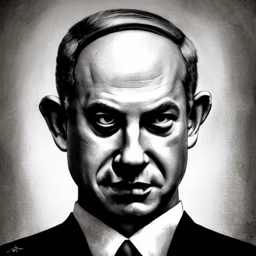 Image similar to portrait of benjamin netanyahu as the psycho killer, highly detailed, horror lighting, evil, by hugh kretschmer and norman rockwell