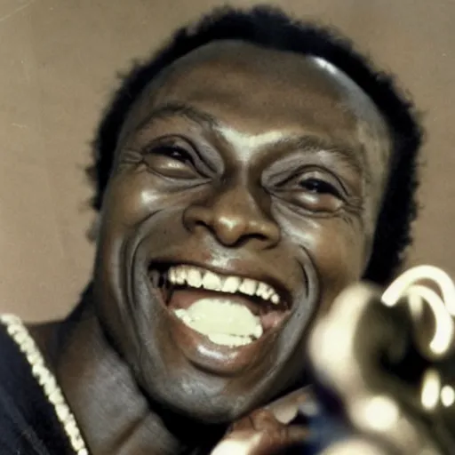 Image similar to miles davis smiling with 8 rows of sharp pointy teeth and wide eyes