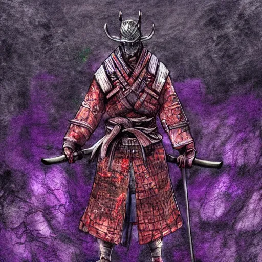 Prompt: a samurai standing in the purple abyss, rot, blood, dark, bloodborne, night, hopeless, highly detailed, intricate background