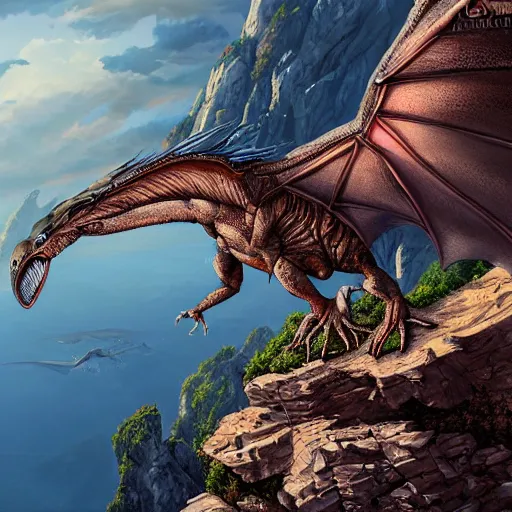 Prompt: a large pterodactl dragon hybrid sitting on a cliff high on a mountain. dark color, ultra wide angle, panoramic, fish eye, colorfull painting, centered, front, horizon, outline, detailed, art by stephan martiniere, 4 k resolution