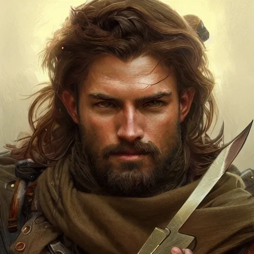 Image similar to portrait of a rugged ranger, muscular, upper body, blood, D&D, fantasy, intricate, elegant, highly detailed, digital painting, artstation, concept art, smooth, sharp focus, illustration, art by artgerm and greg rutkowski and alphonse mucha