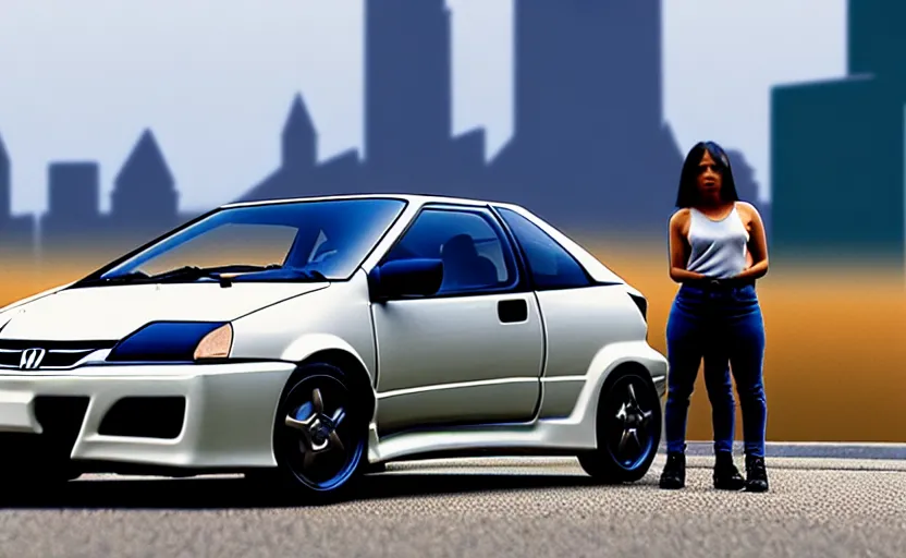 Image similar to photograph of a cell-shaded Honda EK9 Type-R next to a techwear woman standing looking off into the distance, on an Ohio road with a futuristic city in the horizon, one point perspective, 1-point perspective, tilt shift, sigma 85mm f/1.4, 4k, depth of field, high resolution, 4k, 8k, hd, full color, trending on artstation