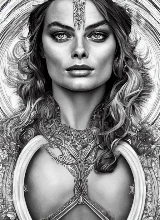 Image similar to Margot Robbie as a Greek Goddess, beautiful detailed eyes, cute, fantasy, intricate, elegant, highly detailed, digital painting, 4k, HDR, concept art, detailed jewelry, smooth, sharp focus, illustration, art by Artgerm, H R Giger and Alphonse Mucha