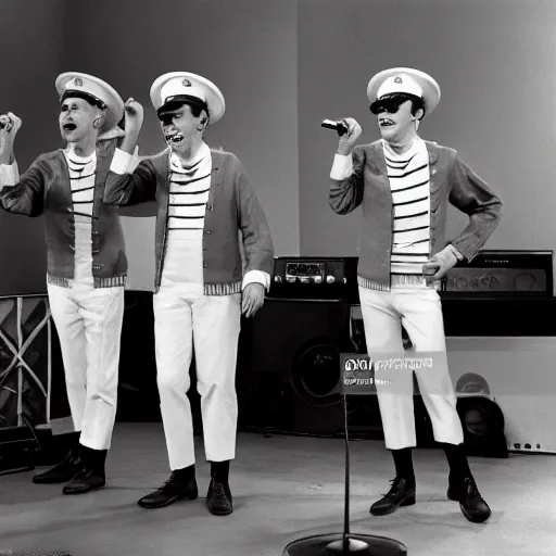 Image similar to 1 9 6 0 s photograph of a group of 4 white males performing rock music live on tv, dressed in peppermint themed sailor outfits with wide brim hats, tv studio