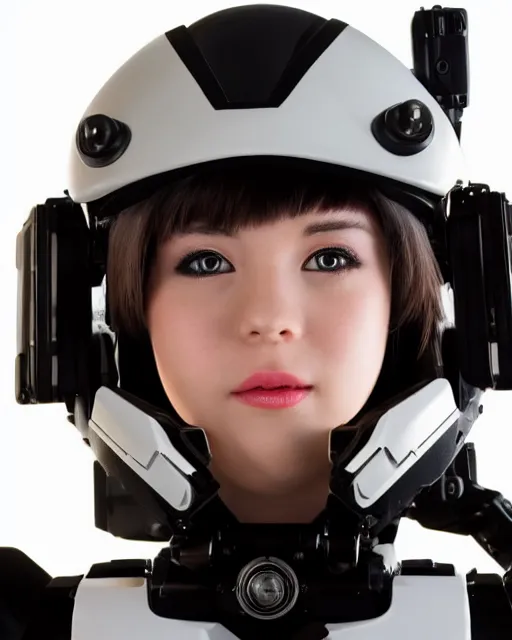 Prompt: centered medium shot fine studio photograph of a beautiful girl wearing only a mecha electronic Apache helmet with bright lights, ultra-realistic, white background, 8k HDR sunset lit, intricate