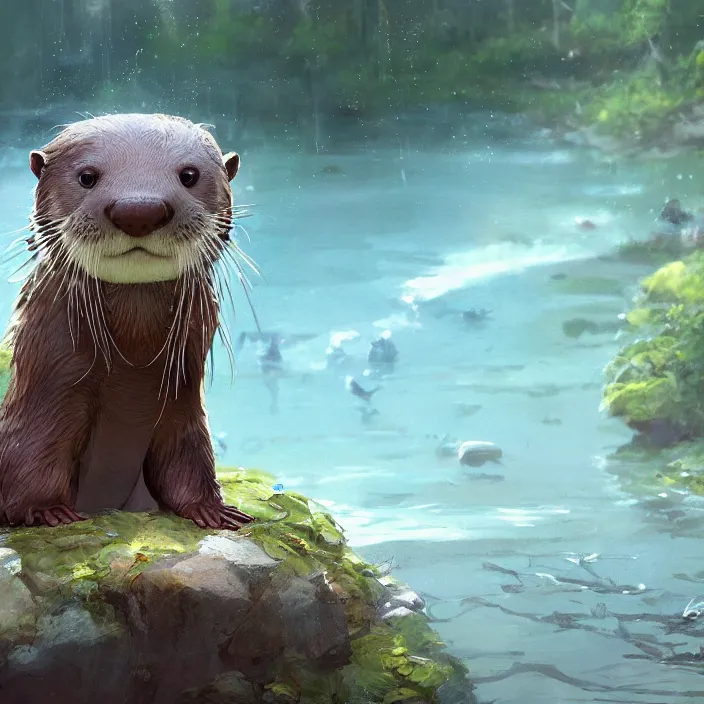 Image similar to a detailed painting of a cute otter at a river. character design by cory loftis, fenghua zhong, ryohei hase, ismail inceoglu and ruan jia. volumetric light, detailed, rendered in octane