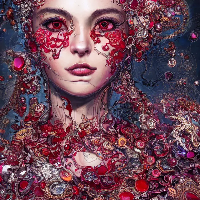 Image similar to an absurdly beautiful, elegant, young hypercolorful woman made of rubies and red gems, ultrafine hyperrealistic detailed face illustration by kim jung gi, irakli nadar, intricate linework, sharp focus, bright colors, matte, octopath traveler, final fantasy, unreal engine highly rendered, global illumination, radiant light, intricate environment