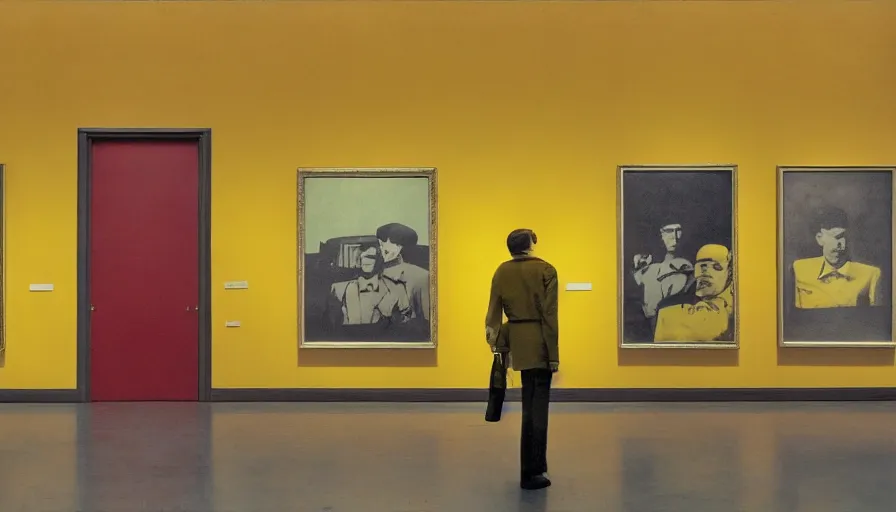 Prompt: 60s movie still of a sovietic stalinist style empty art museum with a soviet congress with yellow wall, by revolog color, liminal Space style, heavy grain