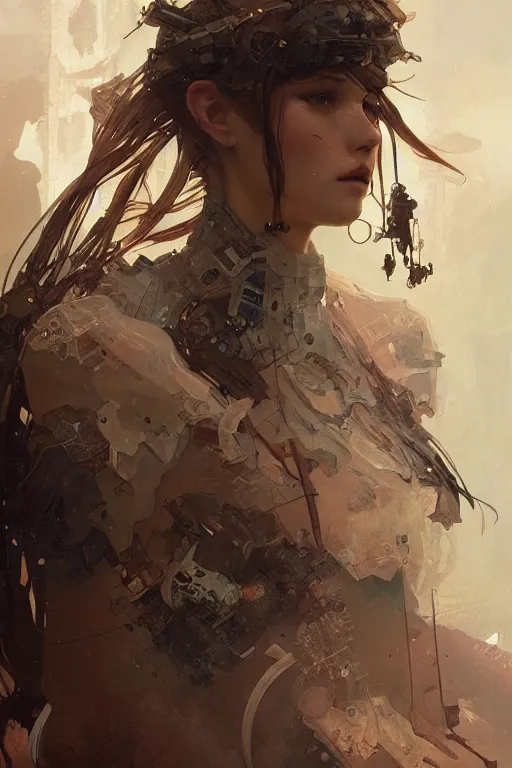 Image similar to A full portrait of a beautiful post apocalyptic offworld techsiren, intricate, elegant, highly detailed, digital painting, artstation, concept art, smooth, sharp focus, illustration, art by Krenz Cushart and Artem Demura and alphonse mucha