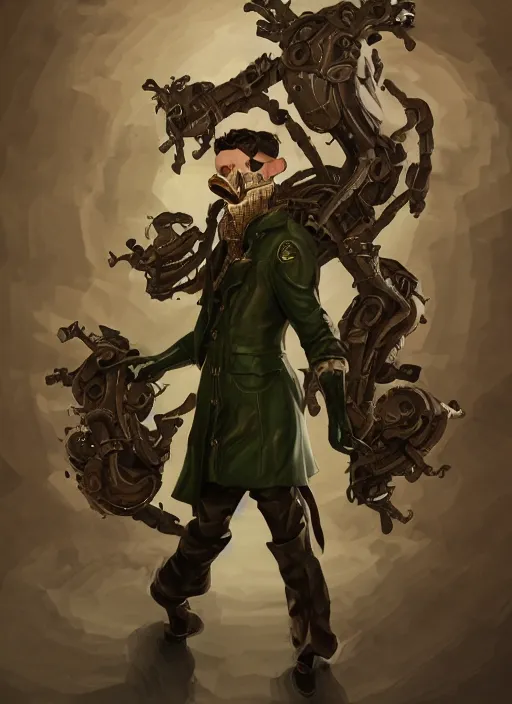 Image similar to a highly detailed illustration of thick wavy brown haired young white guy wearing brown detective trench coat and wearing dark green mask, with many long mechanical arms on his back, dramatic standing pose, intricate, elegant, highly detailed, centered, digital painting, artstation, concept art, smooth, sharp focus, league of legends concept art, WLOP