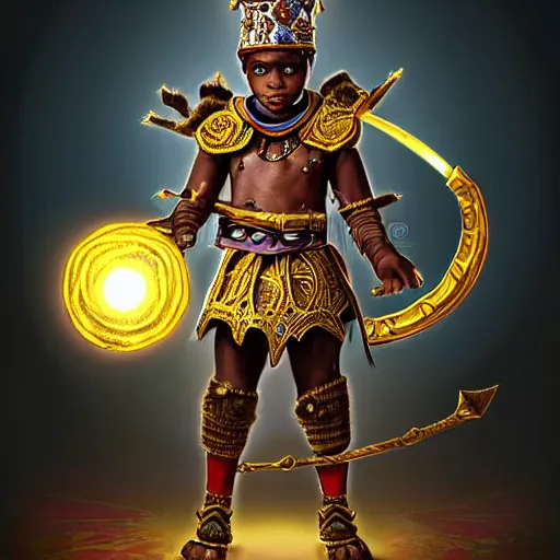 Prompt: a young black boy dressed like an african moorish warrior, with four arms, wearing gold armor and a crown with a ruby, posing with a very ornate glowing electric spear!!!!, for honor character digital illustration portrait design, by android jones in a psychedelic fantasy style, dramatic lighting, hero pose, wide angle dynamic portrait